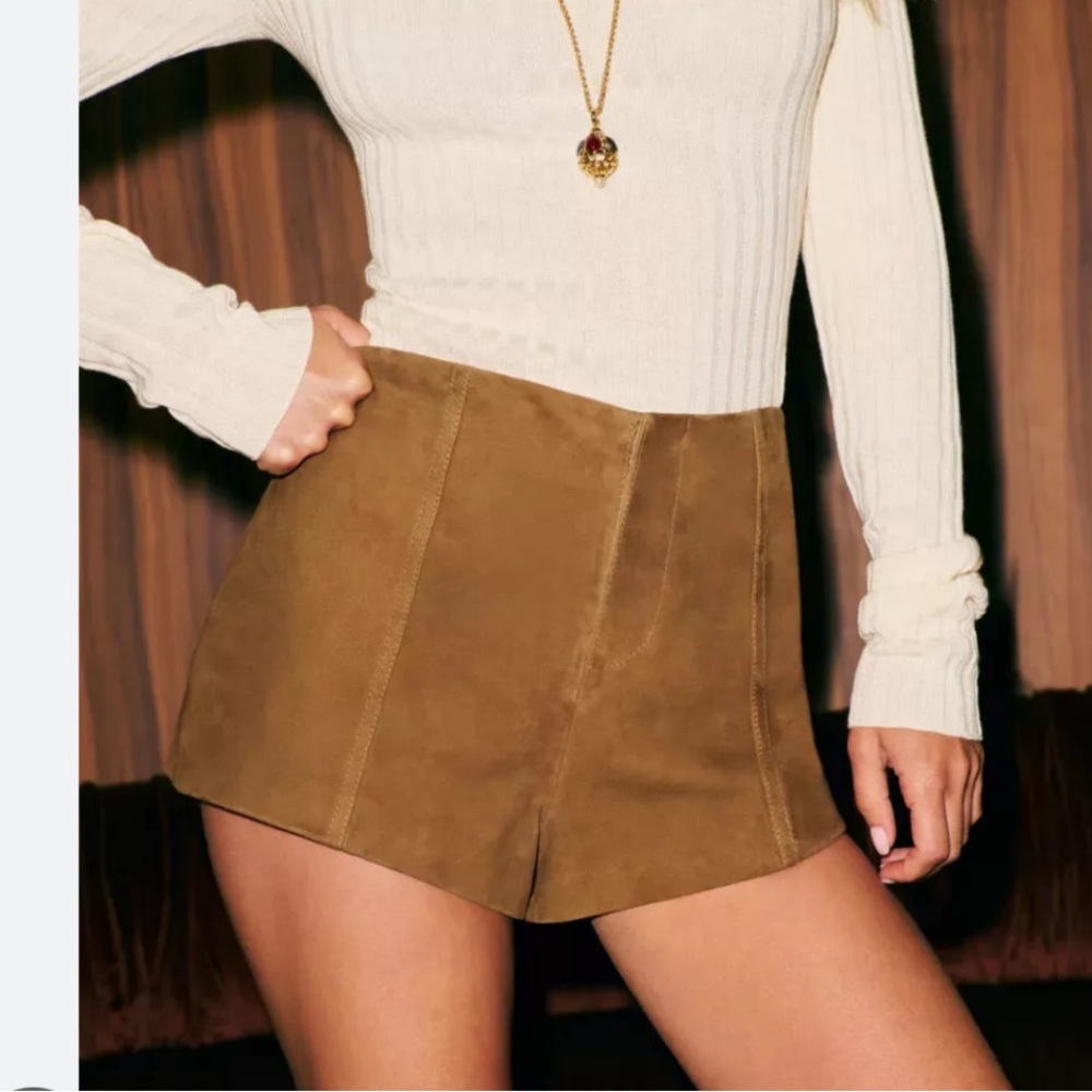 Reformation High-Waist Suede-Look Tan Shorts